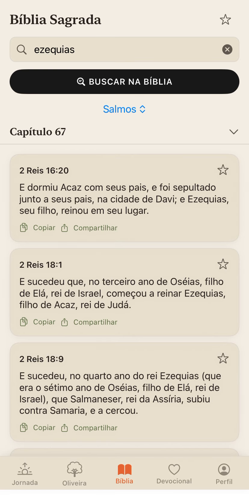 Tela Bíblia Sagrada do GloryUp com busca pela palavra 'ezequias' e resultados em 2 Reis.